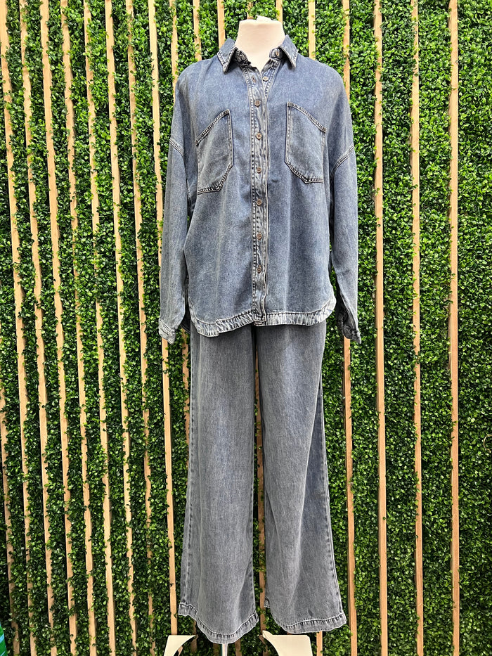Washed Chambray Wide Leg Pant