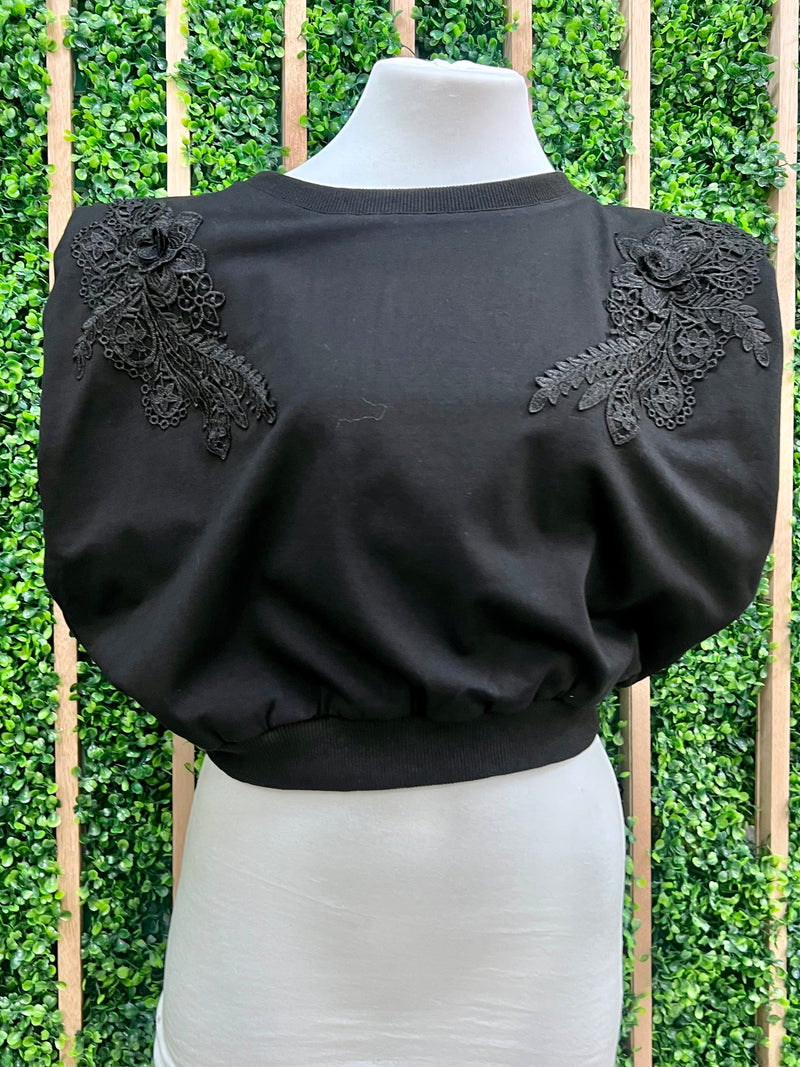 Black Lace Trim Muscle  Knit Top