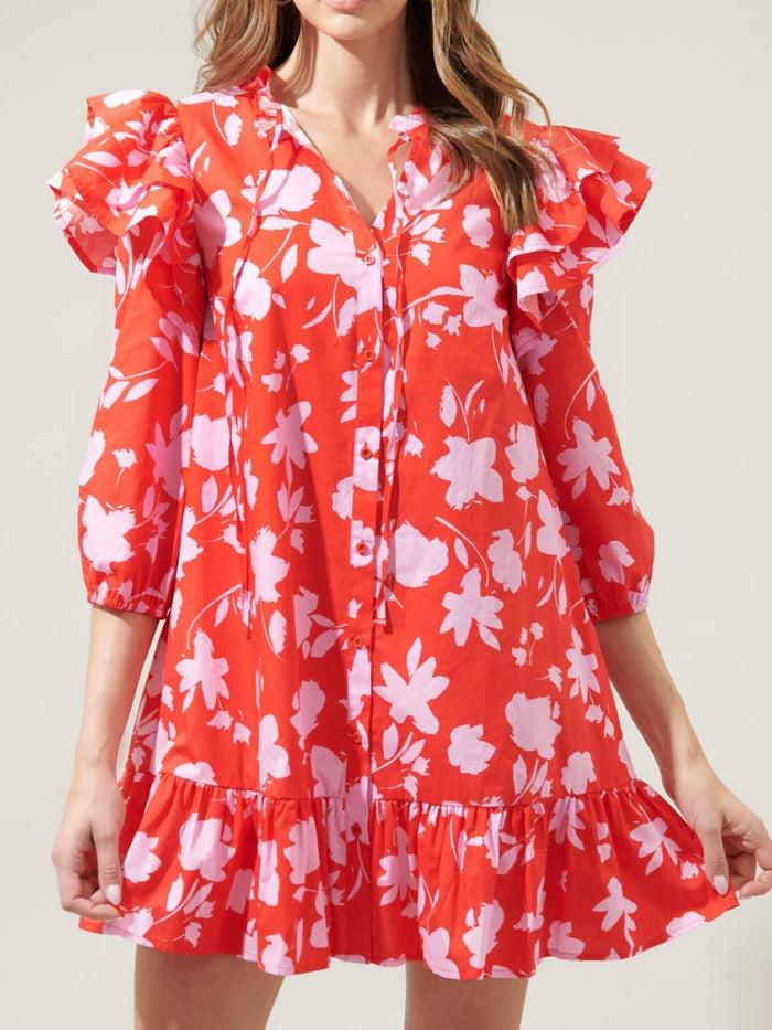 Red Pink Floral Drop Waist Dress