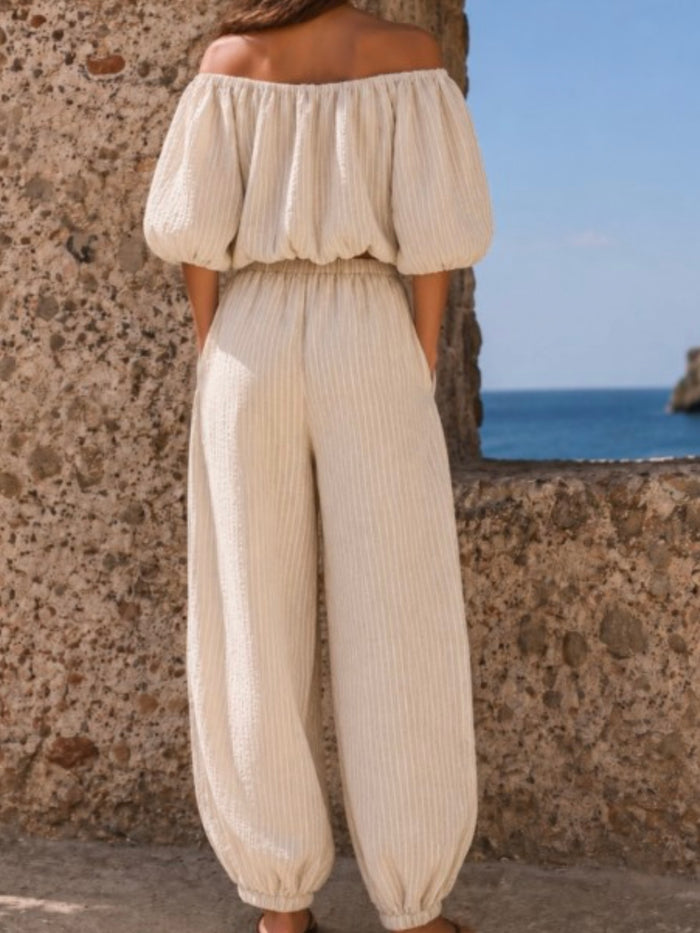 Sand Stripe Off Shoulder Crop Top