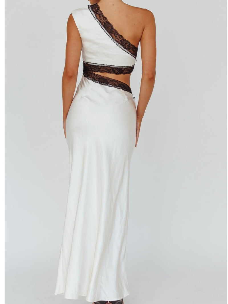 Elegant Ivory Lace Trim One Shoulder Satin Dress