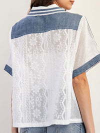 Denim Trim White Lace Button Down Blouse