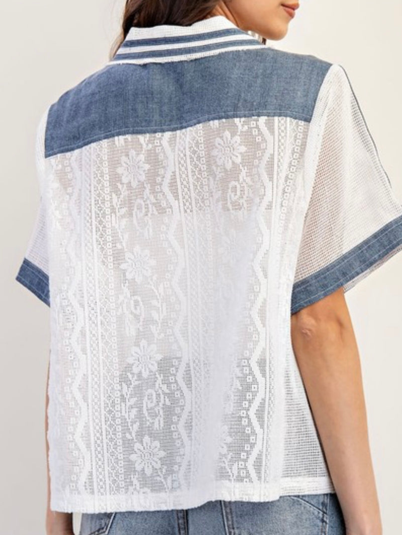 Denim Trim White Lace Button Down Blouse