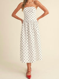 Strapless Polka Dot Drop Waist Midi Dress