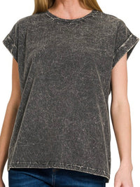 Crinkled Wash Round Neck Folded Short Sleeve Top