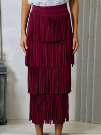 Wine Fringe Sweater Midi Skirt