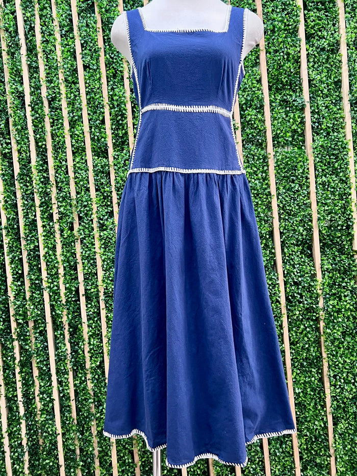 Navy Contrast Stitch Square Neck midi Dress