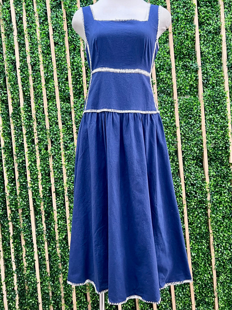 Navy Contrast Stitch Square Neck midi Dress