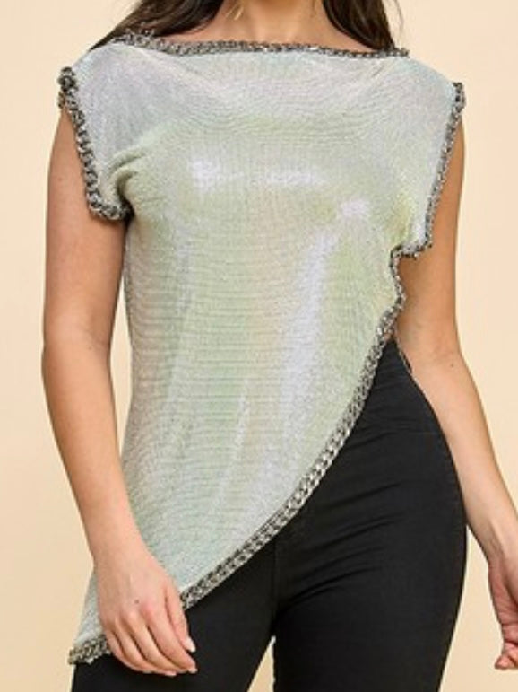 Iridescent Silver Mesh Asymmetrical Top