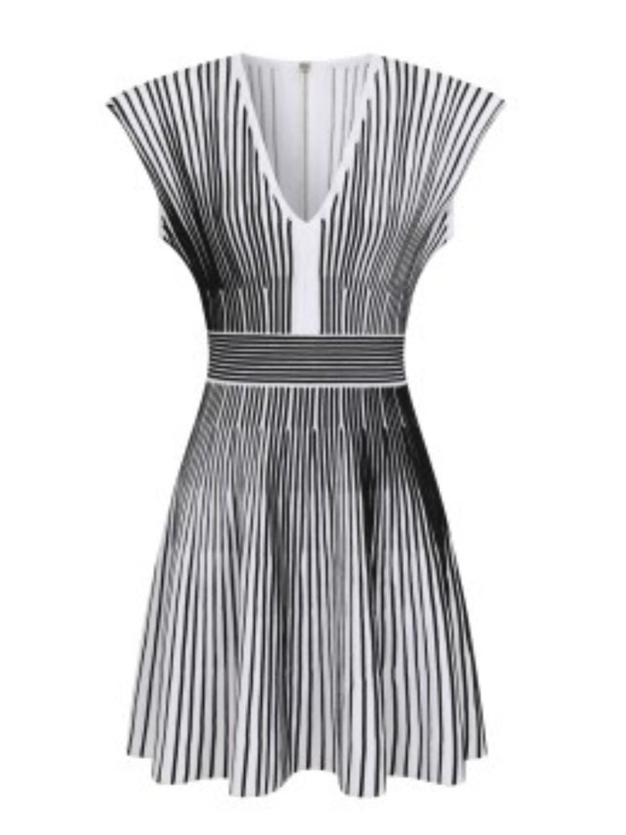 Beautiful Black And White V Neck Knot Short Dress