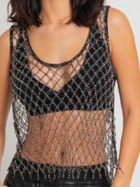 Black Rhinestone Mesh Sleeveless Top