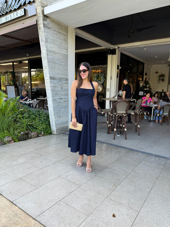 Beautiful Dark Denim Halter Midi Dress