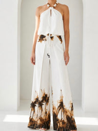 Ivory Brown Palm Tree Print Wide-Leg Pants