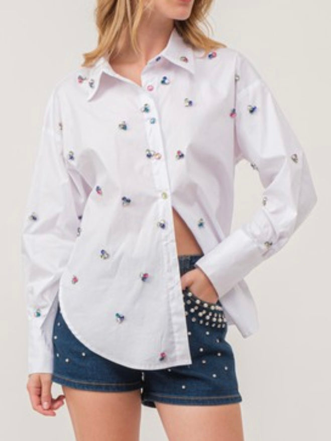 Multicolor Rhinestone Trio Embellished Blouse