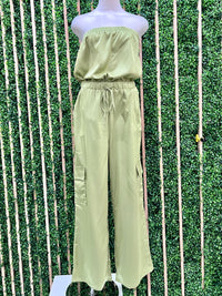 Strapless Satin Cargo Jumpsuit