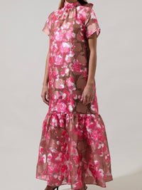 Beautiful Pink Brown Floral Jacquard Maxi Dress