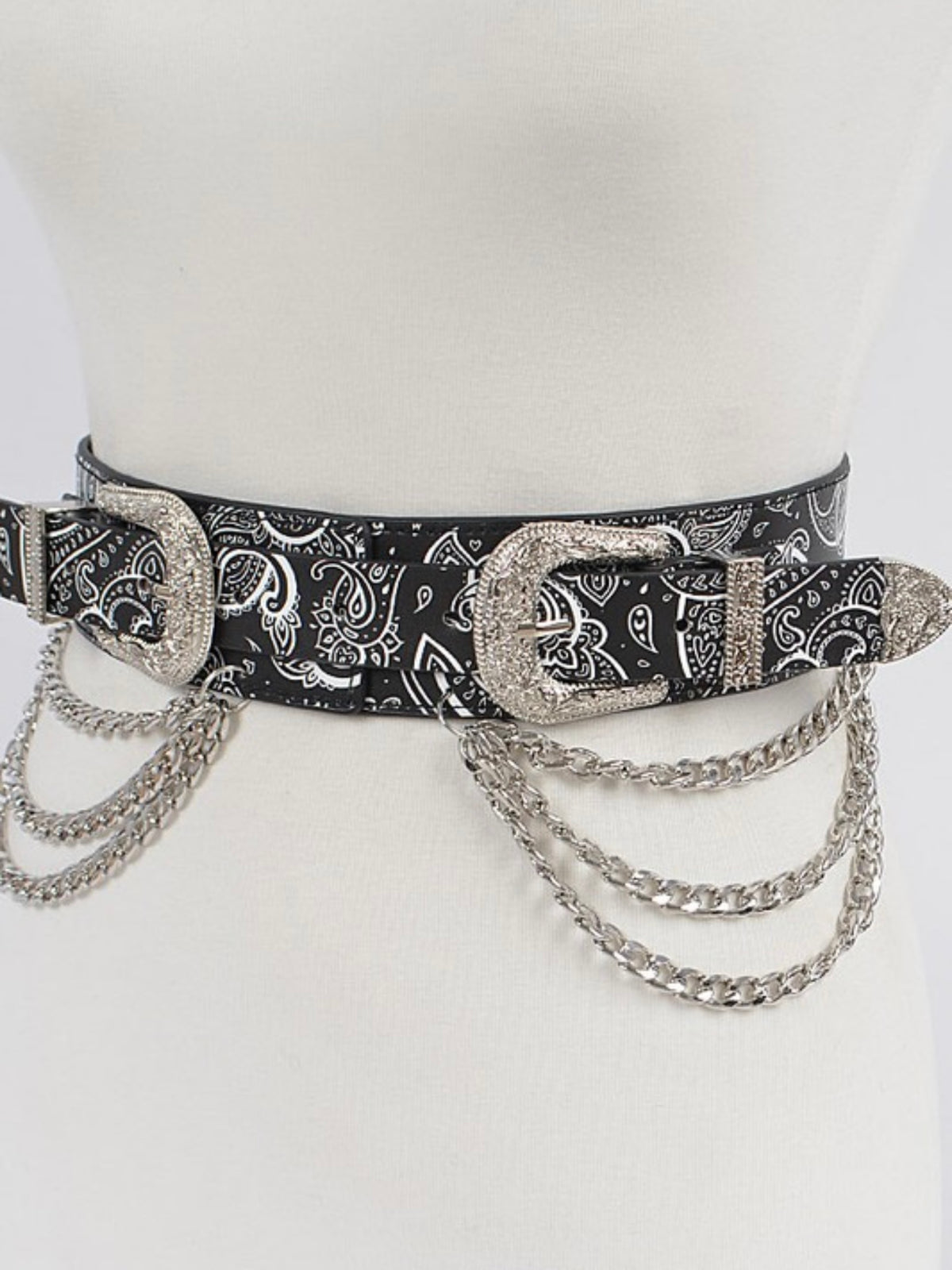 Black Bandana Silver Two Buckle Chain Waist Belt