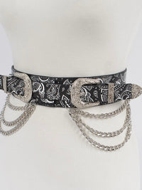 Black Bandana Silver Two Buckle Chain Waist Belt