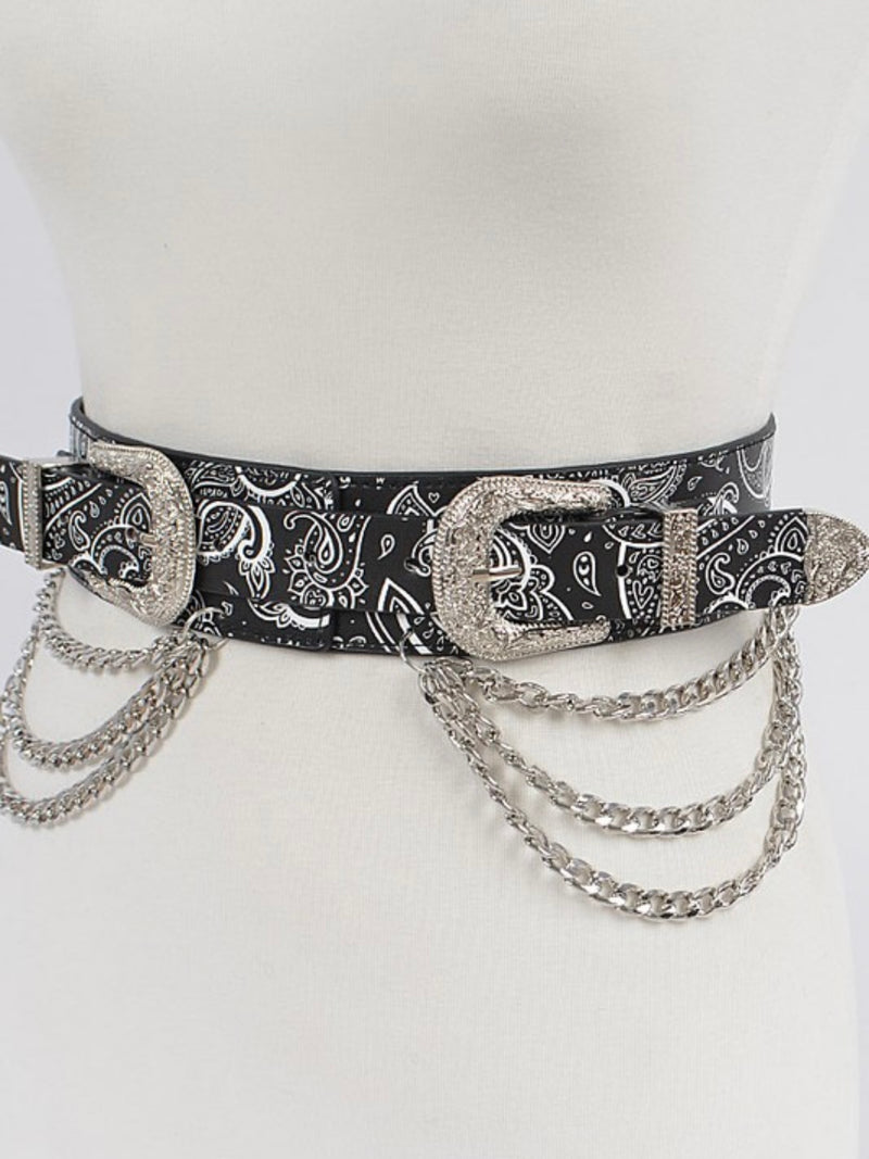 Black Bandana Silver Two Buckle Chain Waist Belt