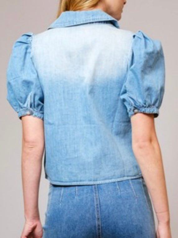 Peter Pan Collar Front Tie Denim Blouse