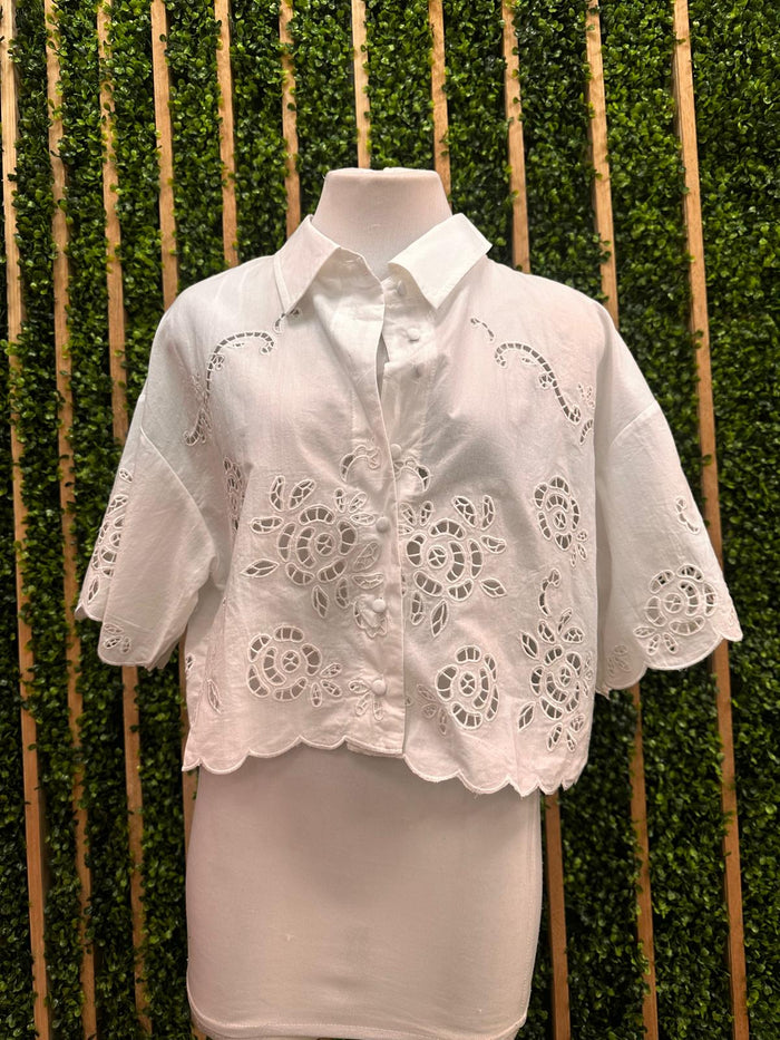 Off White Embroidered Button Down Top
