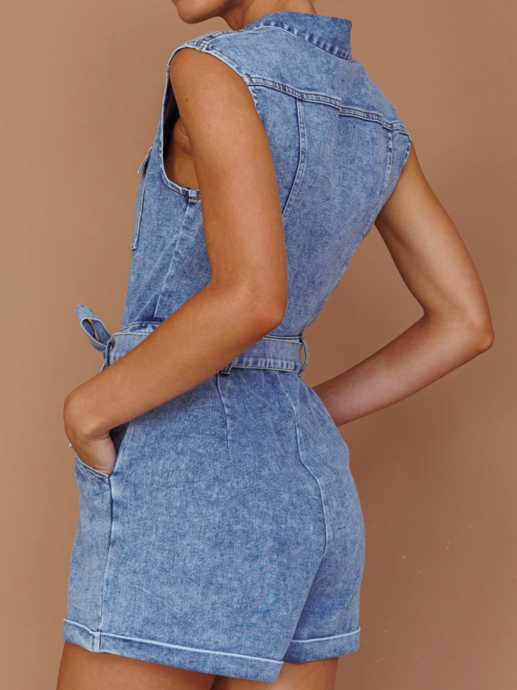 Belted Zipper Denim Romper