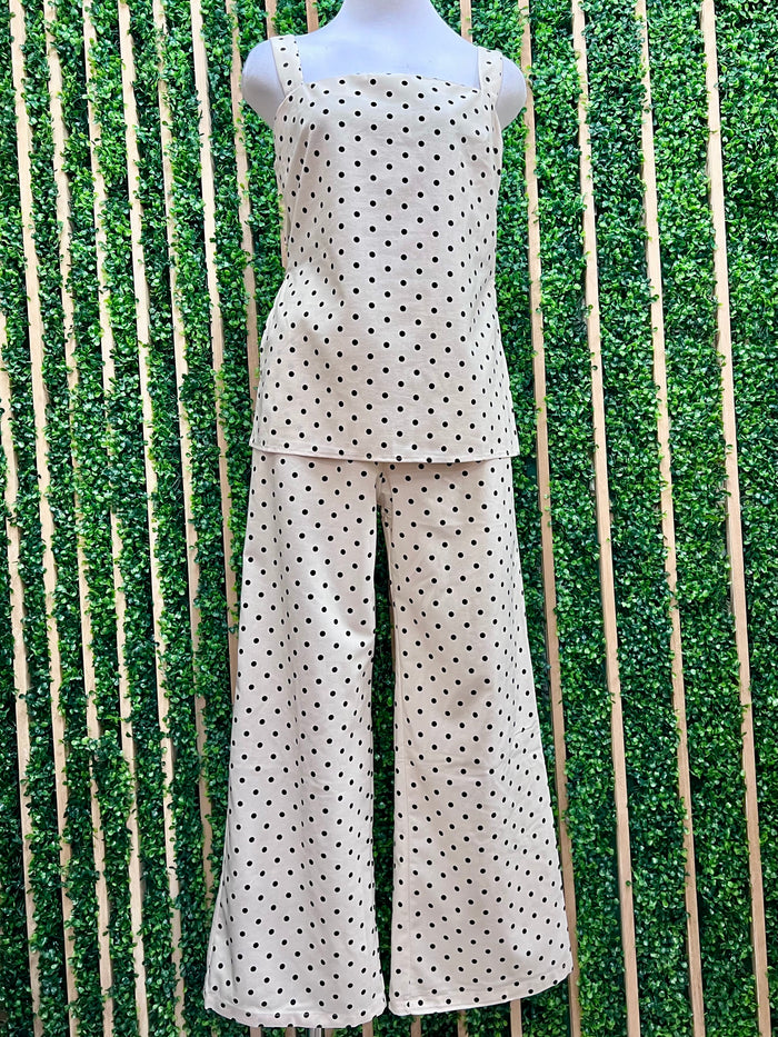 Ivory Black Polka Dot Linen Blend Wide Leg Pants