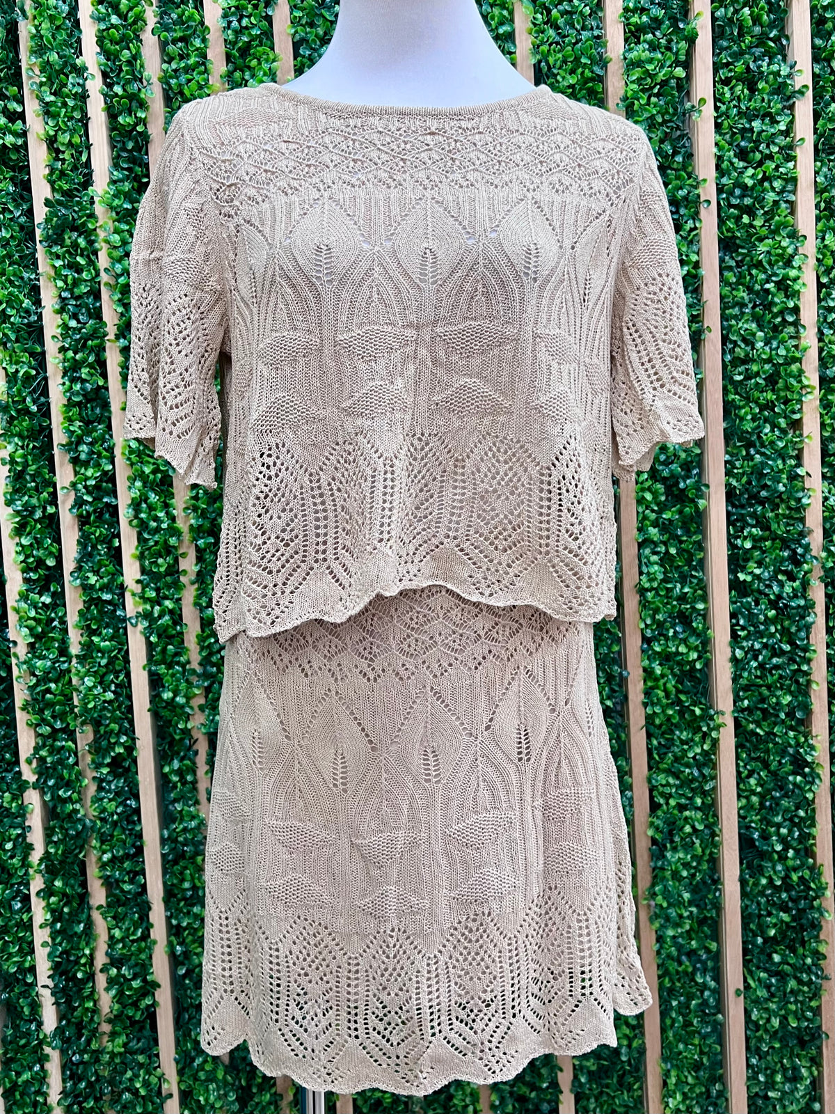 Taupe Crochet Knit Top & Skort Set