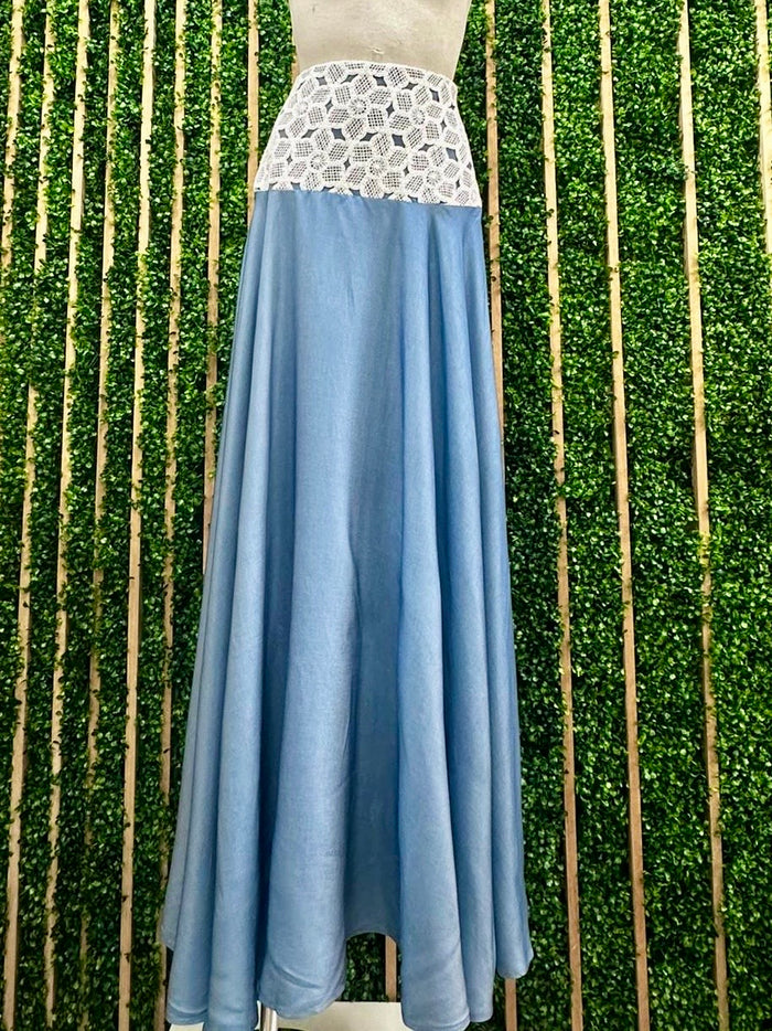Lace Waist Denim Maxi Skirt