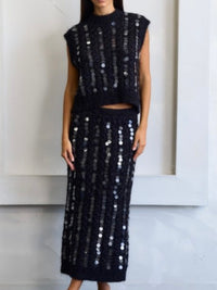 Beautiful Sequin Detail Knit High Neck Top