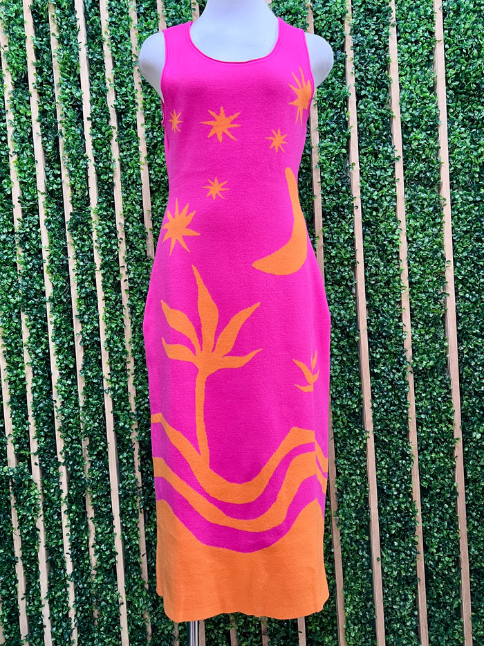 Pink & Orange Tropical Knit Midi Dress