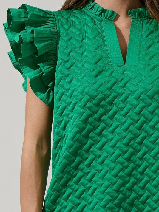 Green Quilted Ruffle Short Dress