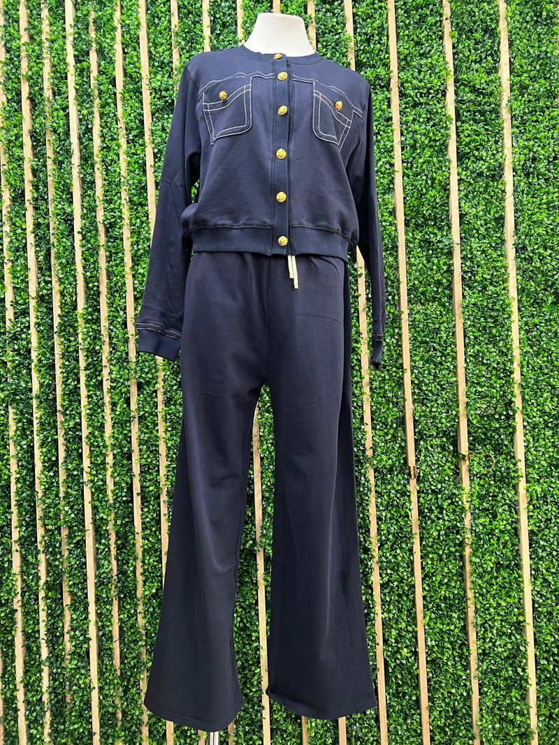 Navy Contrast Detail Knit Pant Set