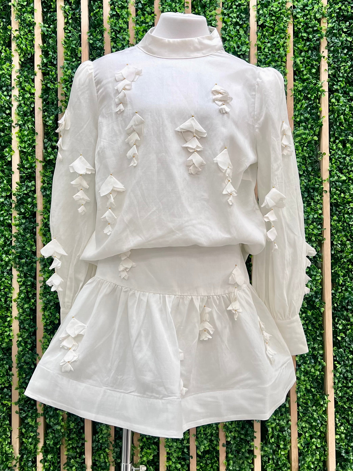 Beautiful Off White Floral Trim Mock Neck Blouse