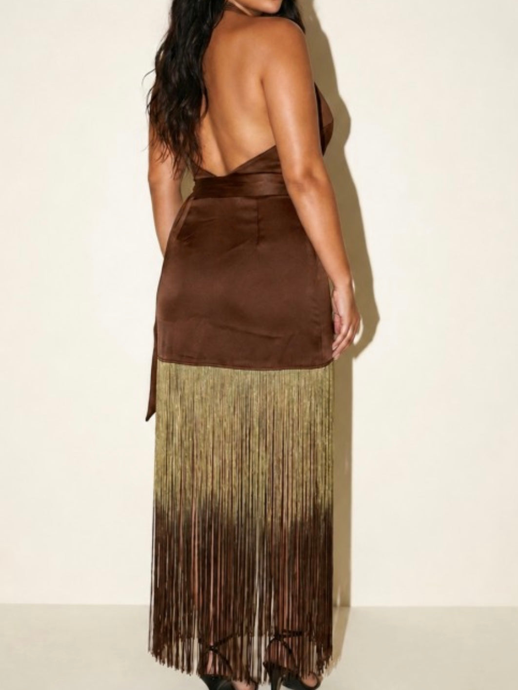 Fringe Halter Wrap Maxi Dress