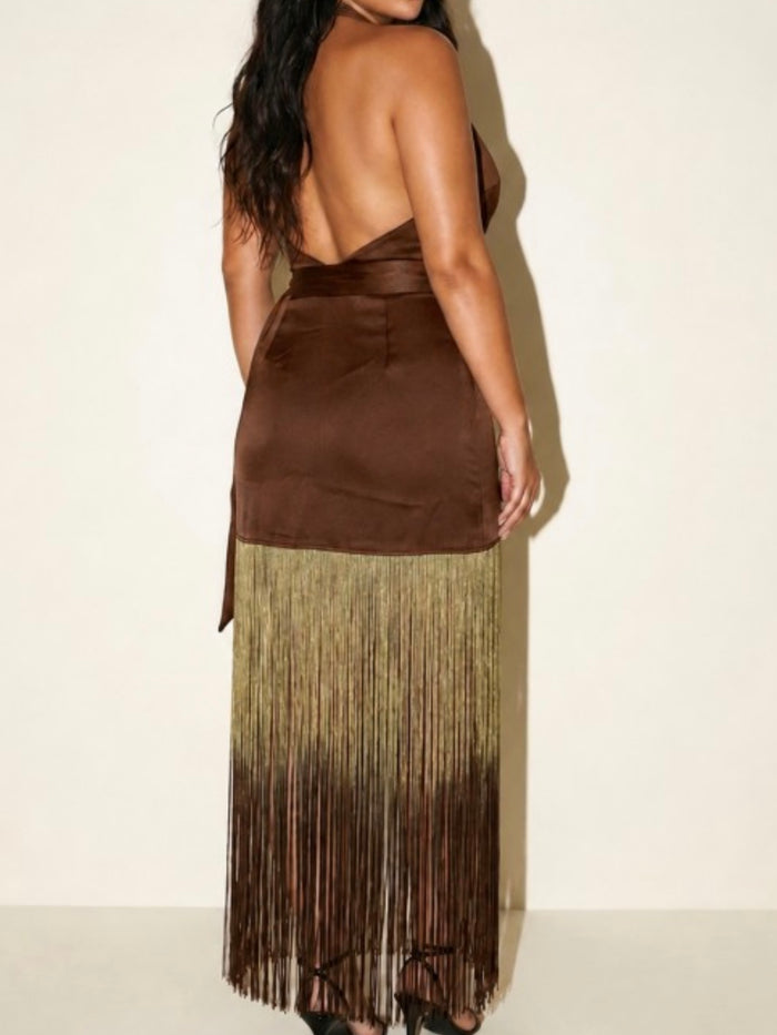 Fringe Halter Wrap Maxi Dress