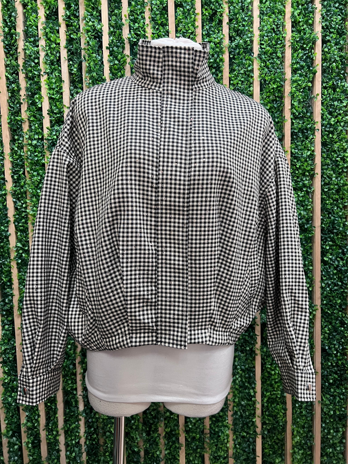 Gingham Funnel-Neck Cropped Jacket
