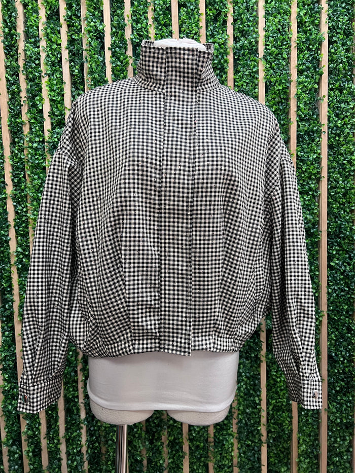 Gingham Funnel-Neck Cropped Jacket