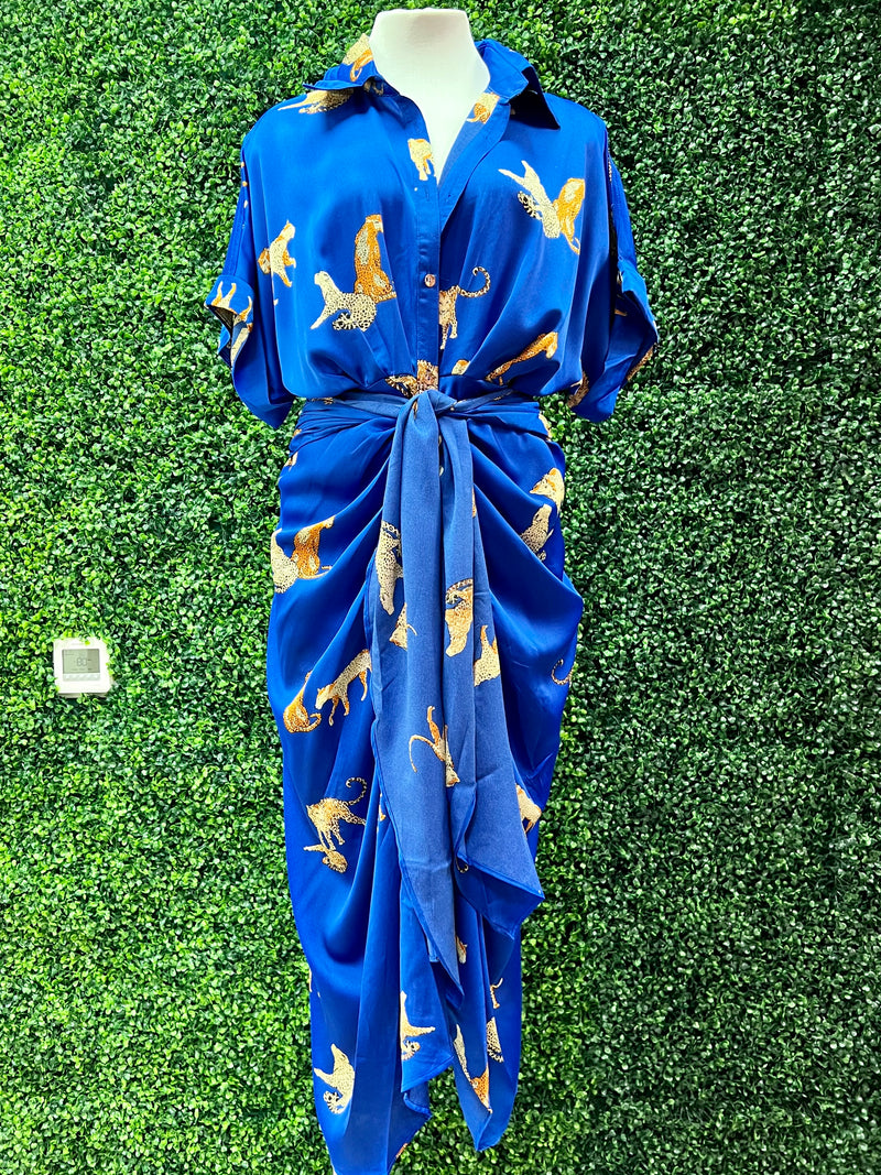 Royal Blue Cheetah Waist Tie Midi Dress