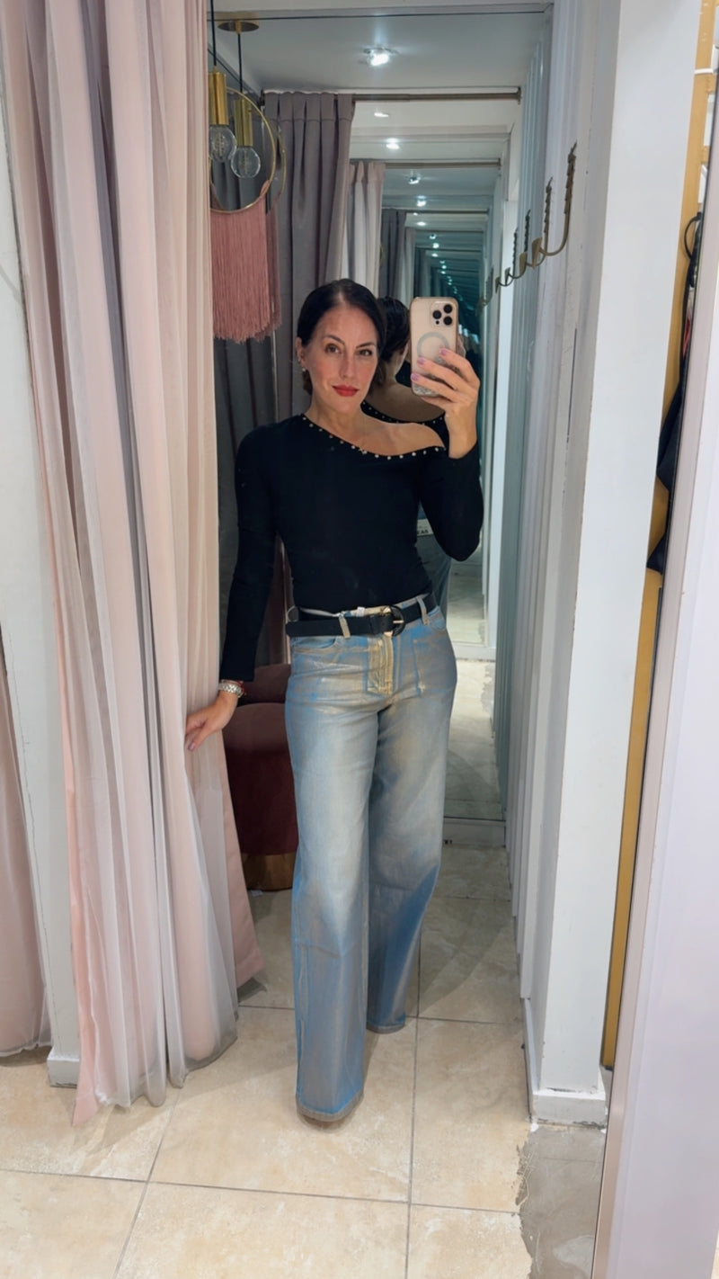 Gold Foil Wide Leg Denim Pant