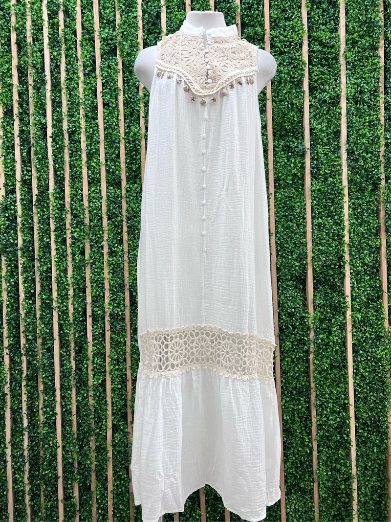 Flower Lace Detail Cotton Gauze Button Down Maxi Dress