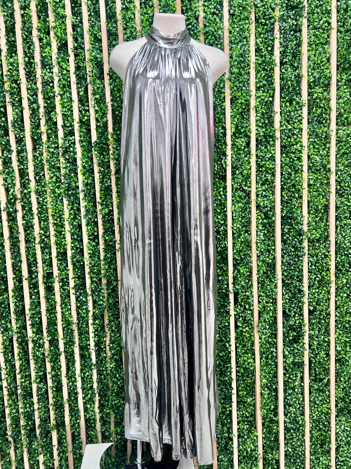 High neck Dark Silver Metallic Jumpsuit