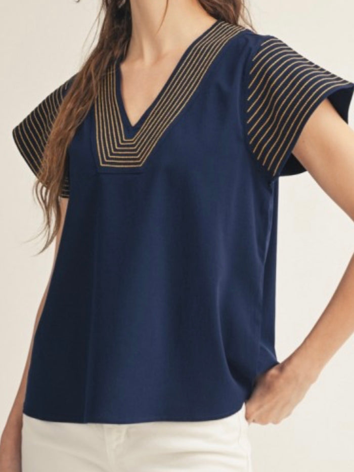 Navy Mustard Trim V Neck Flare Sleeves Top