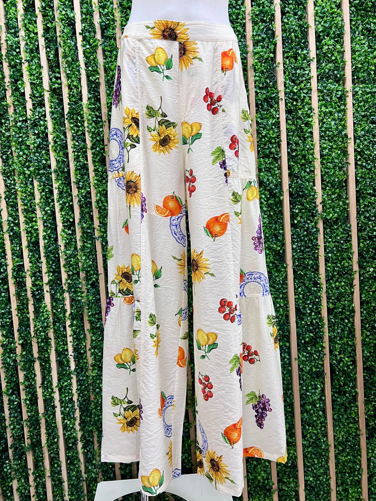 Fruit and Sunflowers Print Tiered Wide Leg Pant