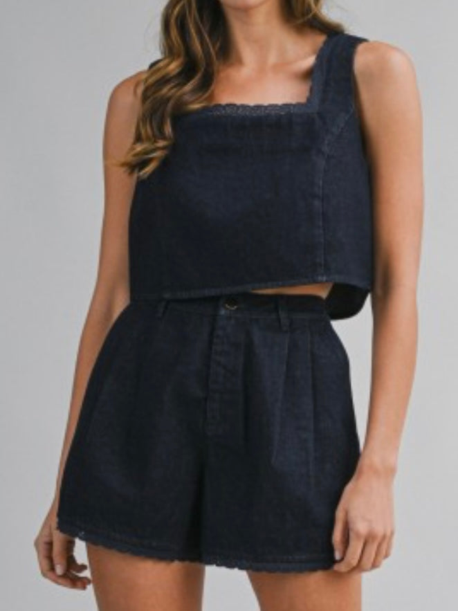 Dark Denim Square Neck Short Pant Set