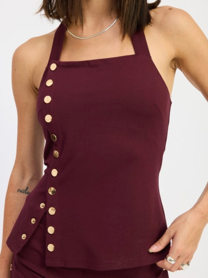 Burgundy Square Neck Button Detail Halter To