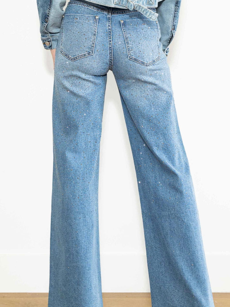 Rhinestone Studded Wide Leg Denim