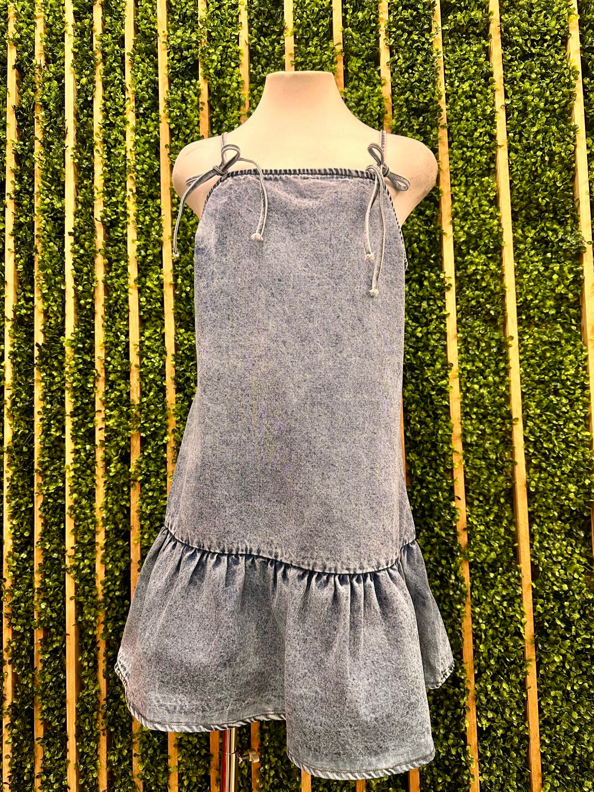 Denim Bow Detail Short Dropwaist Dress