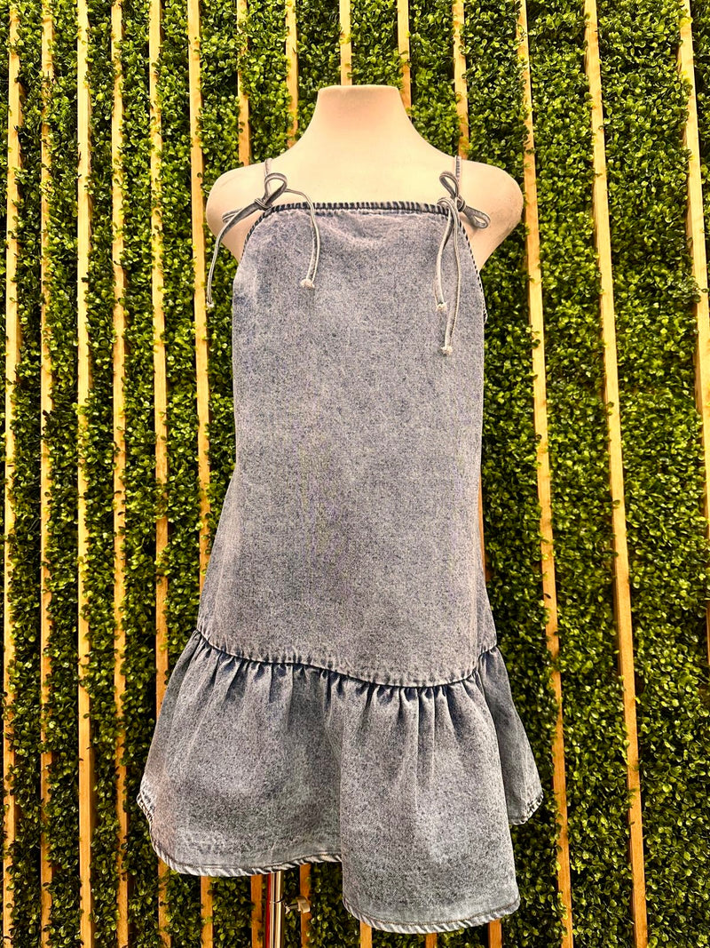 Denim Bow Detail Short Dropwaist Dress