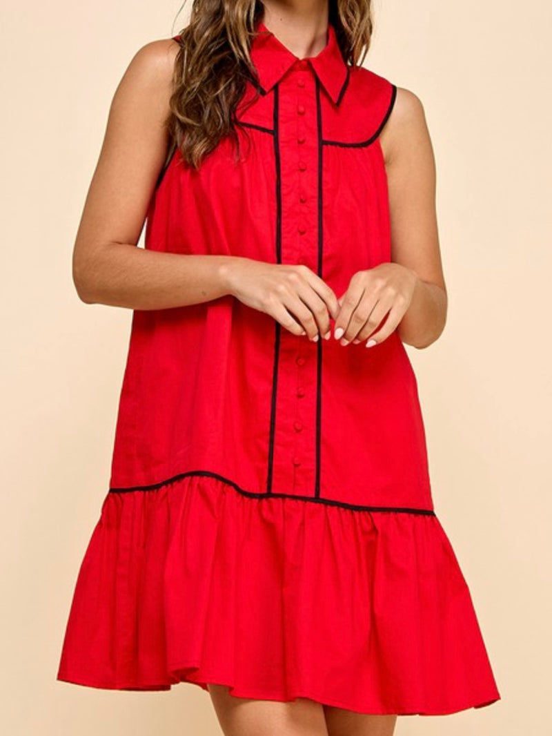 Crimson Sleeveless Collared Trimmed Drop Waist Short Dress